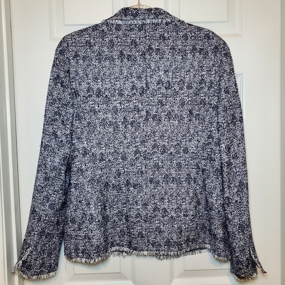 Talbots Petites Blue White Boucle Tweed Fringe Blazer Size 12 - Picture 6 of 12